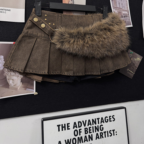 毛毛拼接PU皮辣妹风迷你超短裙