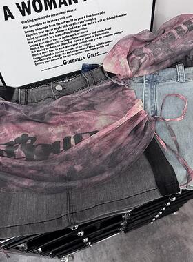 设计感可拆卸网纱拼接牛仔短裙女夏季高腰a字高级感包臀裙半身裙