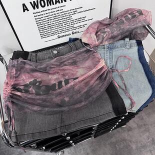设计感可拆卸网纱拼接牛仔短裙女夏季 高腰a字高级感包臀裙半身裙
