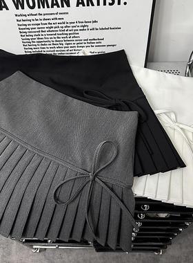 灰色百褶裙半身裙女春秋新款设计感系带高腰显瘦a字裙气质短裙子