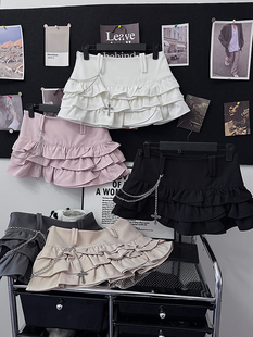 BIGBIU春夏新款 甜酷荷叶花边短裙女半身裙百搭蓬蓬蛋糕裙a字 美式