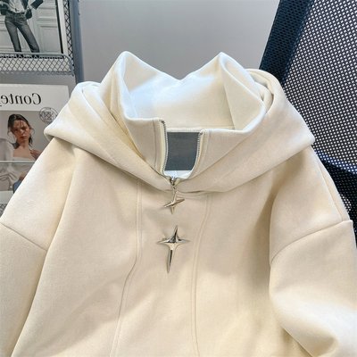 美式高街重磅麂皮绒连帽卫衣男女秋冬国潮设计感小众oversize外套