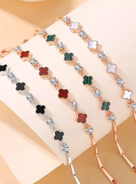 幸运草黑玛瑙孔雀石四叶草手链女生轻奢纯银手镯手饰生日礼物送女