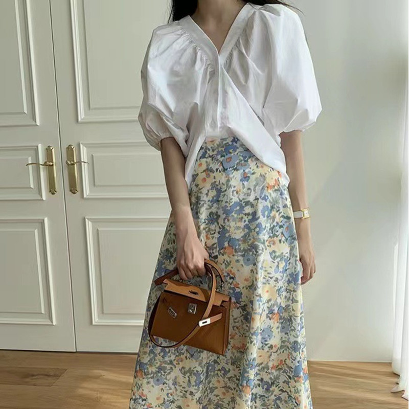 韩国女装夏季新款法式v领短袖衬衫上衣+花色半身裙甜美时尚套装