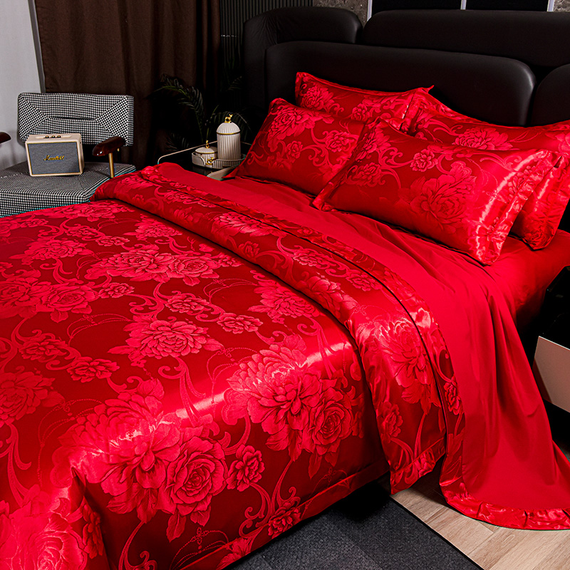 高档欧式贡缎提花四件套全棉纯棉红色公主风轻奢高级感天丝被套罩