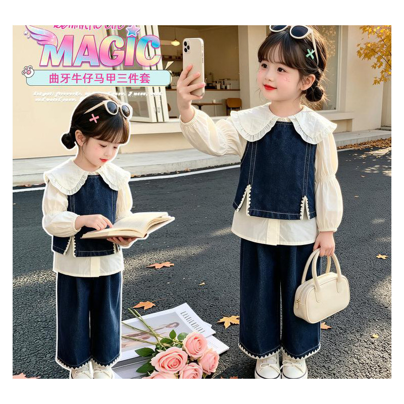 女童春秋牛仔三件套韩版娃娃领