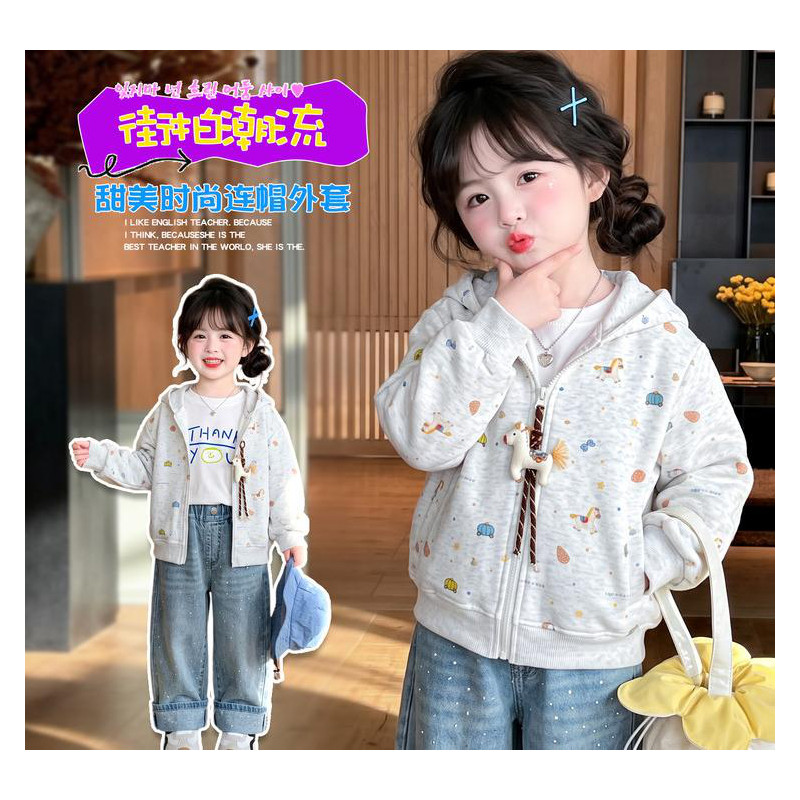 春秋女童连帽防风外套灰色甜美