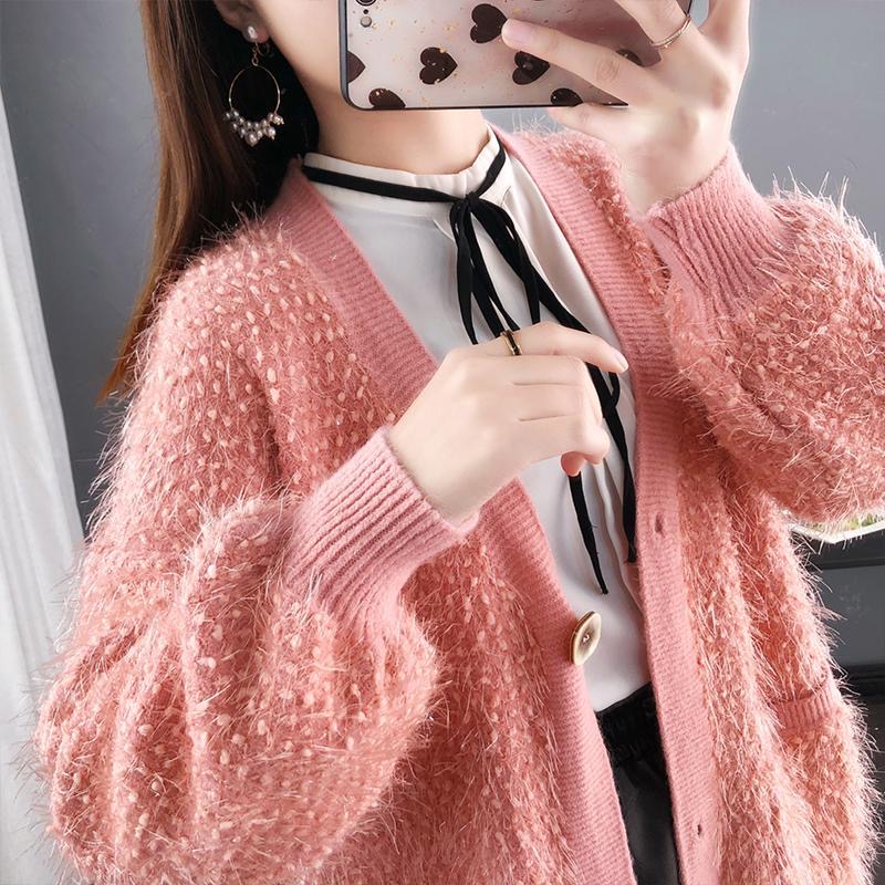 New solid color loose Slouchy collar cardigan Plush knitwear