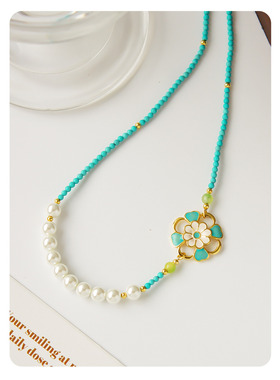 春天彩色滴油花朵蓝松石项链