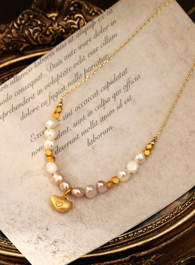 复古项链镀真金元宝吊坠淡水巴洛克珍珠颈链感轻奢时尚毛衣链