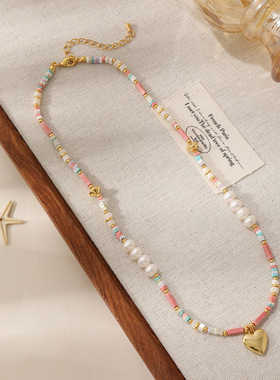 法式复古天然石爱心显白锁骨链