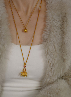 沙金吉象长款项链女感轻奢小众秋冬配饰毛衣链新中式吊坠饰品