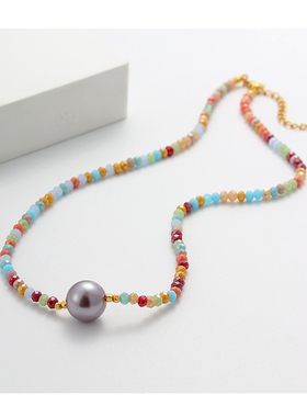 喜火彩色玻璃水晶珍珠锁骨链