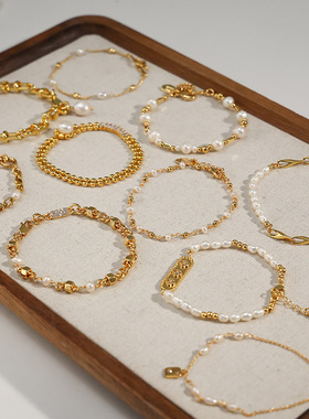 跨境复古经典时尚百搭轻奢感镀18k金天然真珍珠手链25年新款