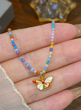 清新时尚精致滴油蝴蝶锆石珠项链配饰女轻奢小众感串珠锁骨链