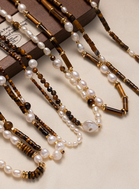 铜镀18k金 欧美时尚复古天然虎眼石珍珠串珠项链秋冬感毛衣链