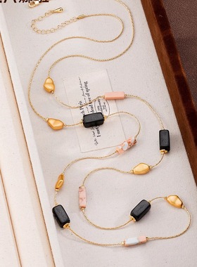 长方木圆柱铜珠斑点天然石长款毛衣链轻奢感项链轻奢小众项链