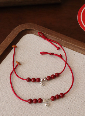 通体s925银手工编织红绳高含量朱砂新中式本命年铃铛爱心手绳