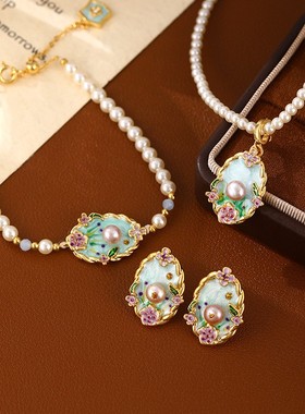 莫奈花园油画项链18K金椭圆