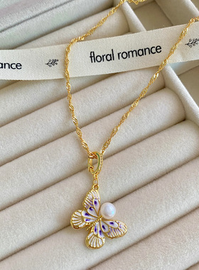 法琅彩超仙蝴蝶滴釉项链中古简约森系精致巴洛克珍珠毛衣链颈链女