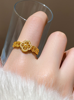 新中式金色珍珠四叶草戒指女小众轻奢感食指戒气质百搭首饰品