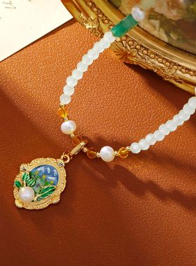 中古油画扣吊坠复古珍珠项链女新中式国风轻奢小众锁骨毛衣链