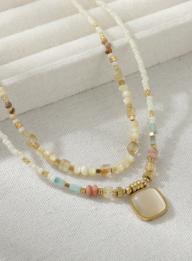 小红书爆款彩色天然石叠戴串珠项链女夏级感小众设计清新锁骨链