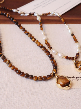 天然石虎眼石项链焦糖色可可棕风秋冬复古串珠项链锁骨链毛衣链