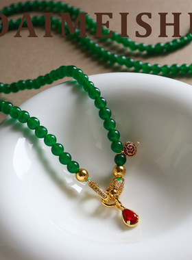 时尚复古绿玉微镶锆石串珠项链轻奢小众感一款多戴中古毛衣链