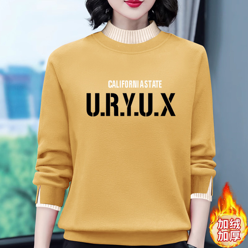加绒加厚卫衣女2025新款秋冬大码中年妈妈套头外套半高领保暖上衣