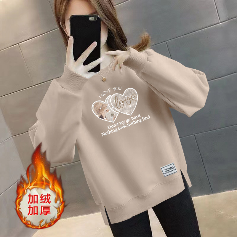 秋冬新款加绒/不加绒宽松显瘦大码时尚高档百搭圆领女开叉卫衣ins