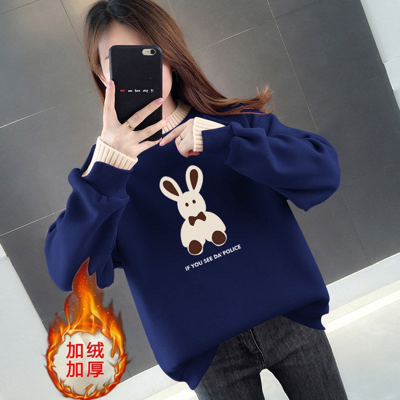 卫衣女加绒假两件半高领韩版宽松冬季新款慵懒风洋气印花大码上衣