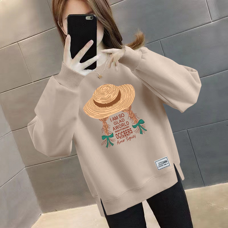 大码圆领长袖卫衣女加绒/薄款宽松减龄百搭胖mm秋冬套头外穿上衣