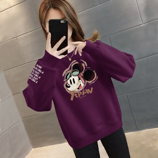 卫衣加绒加厚宽松遮肉圆领葡萄紫流行套头百搭上衣 长袖 秋冬季 女款