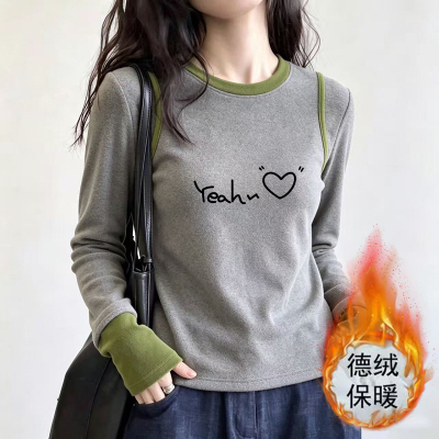 德绒保暖t恤女春季新款圆领拼接内搭长袖打底衫时尚宽松洋气上衣