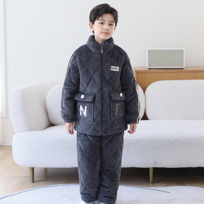 梦贝熊男童睡衣冬季夹棉法兰绒三层加厚珊瑚绒男孩儿童家居服拉链