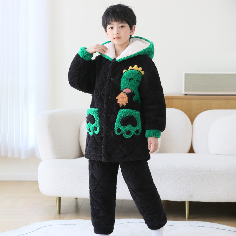 恐龙儿童睡衣冬季男孩珊瑚绒加厚法兰绒三层夹棉6卡通8男童家居服