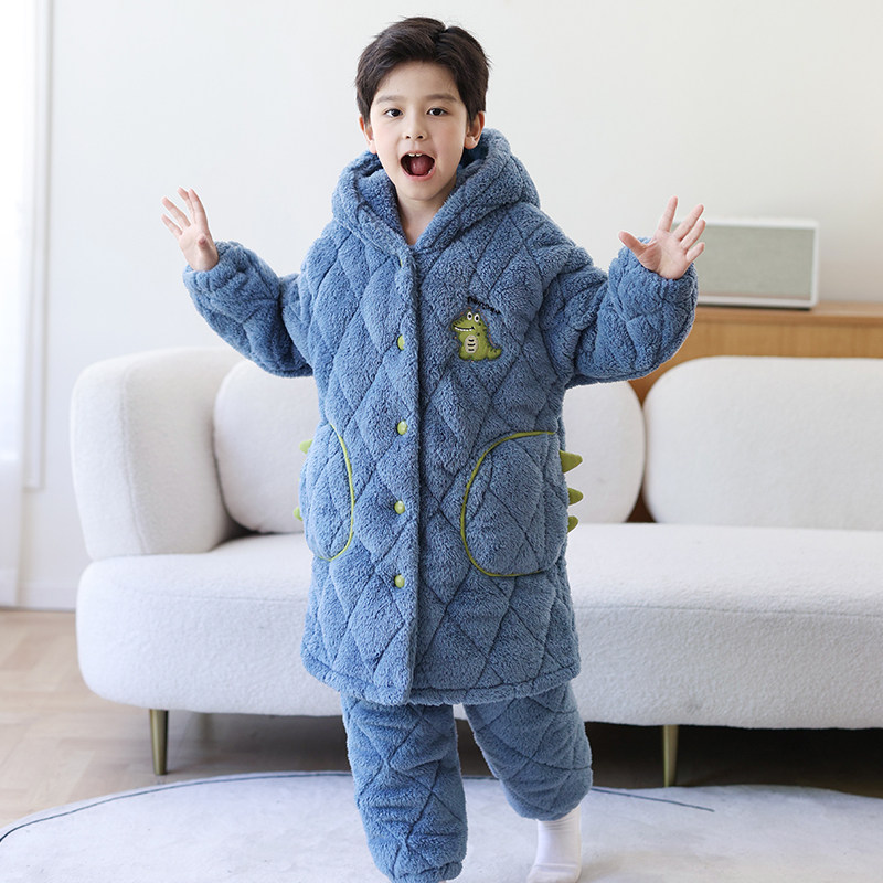 恐龙中长款男童睡衣加长衣服裤子冬加厚法兰绒三层夹棉儿童家居服