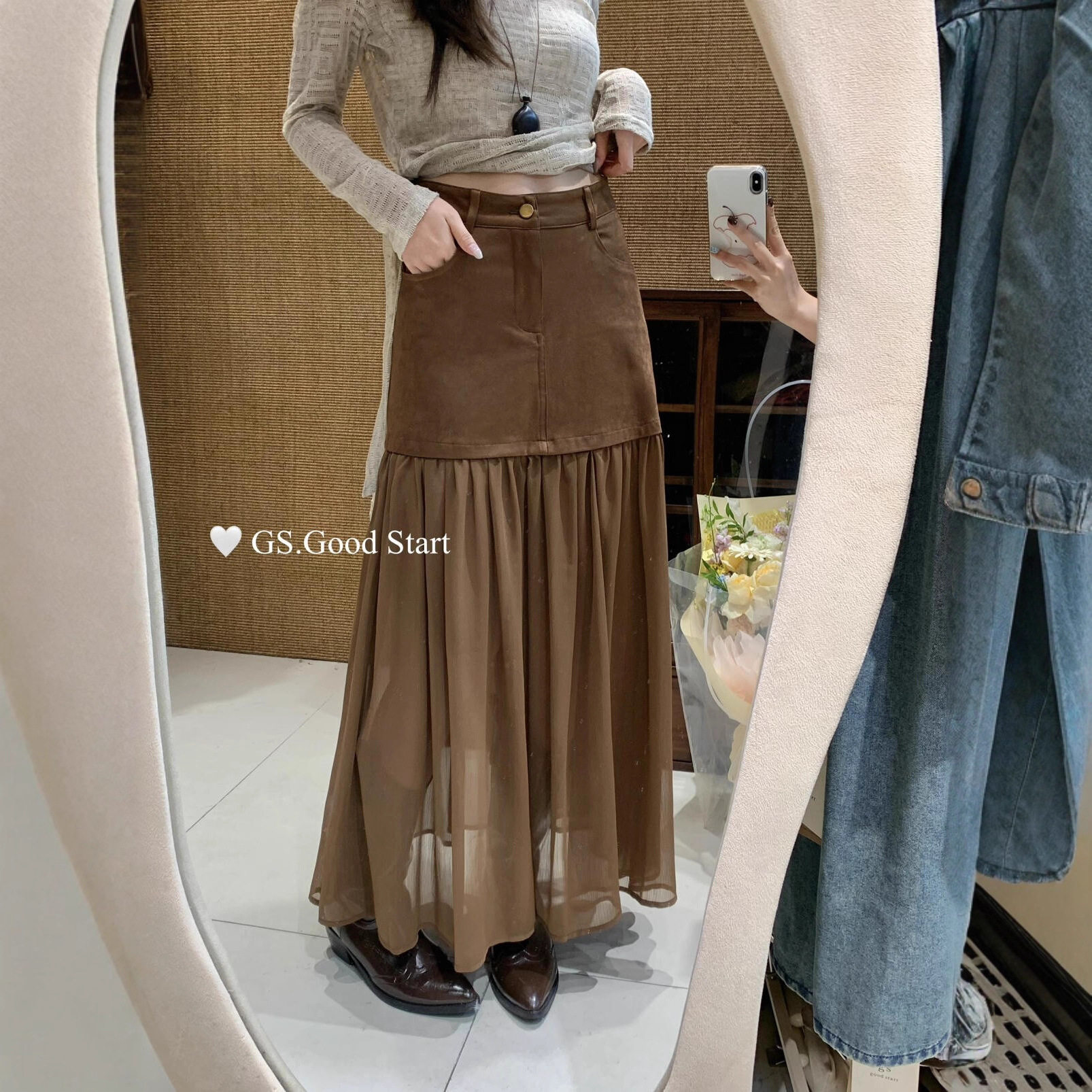 清仓不退换秋季时髦复古麂皮拼接网纱百搭氛围感半身裙G6165V