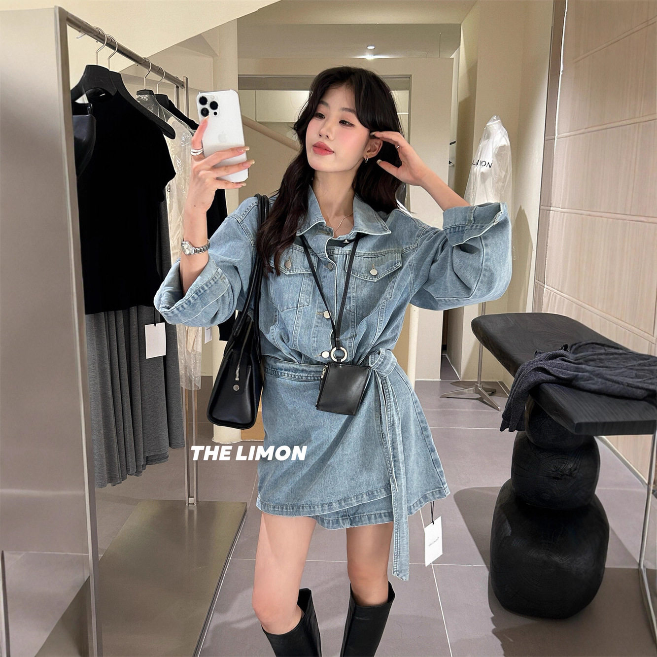 清仓不退换柠檬绿茶2025秋季新款设计感屁帘收腰显瘦牛仔连衣裙女