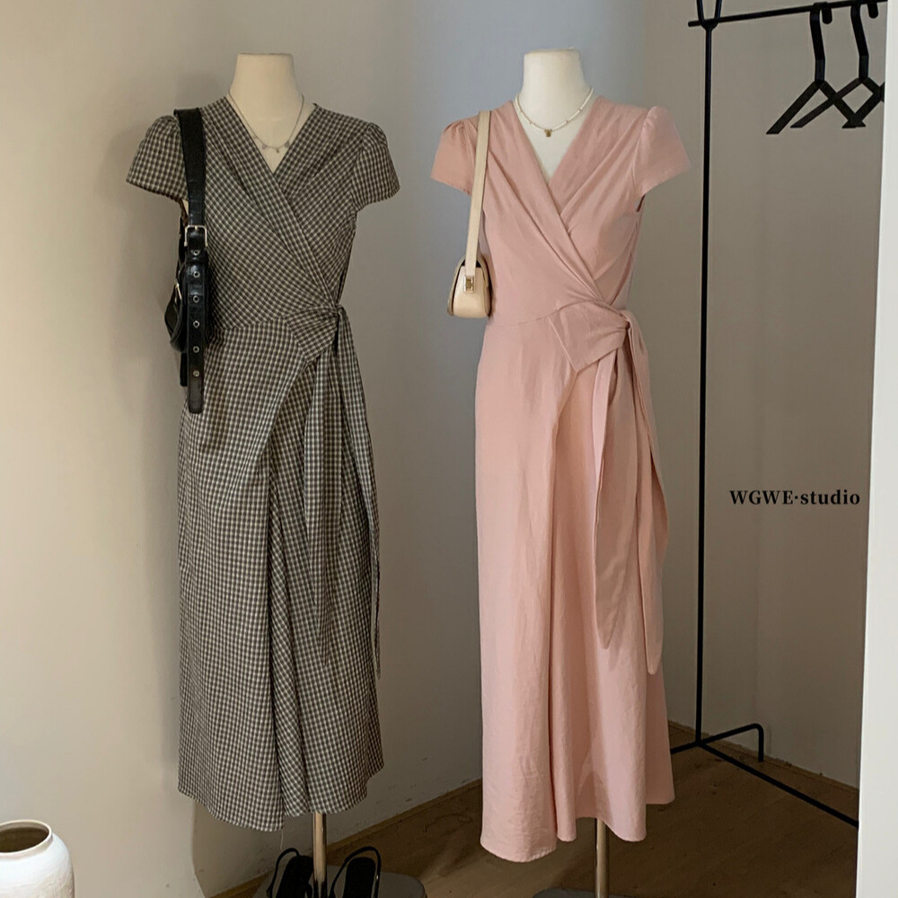 清仓不退换法式V领短袖连衣裙设计感绑带洋气显瘦收腰长裙W6298