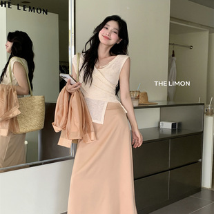 清仓不退换柠檬绿茶法式 内搭吊带缎面半身裙三件套 v领交叉针织衫