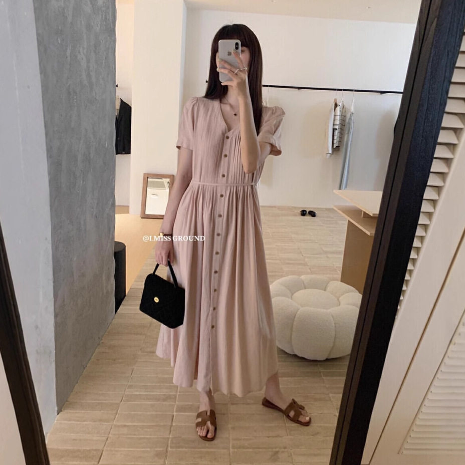 清仓不退换温柔风高级感棉麻料压褶设计长款连衣裙(配腰绳)Z10277