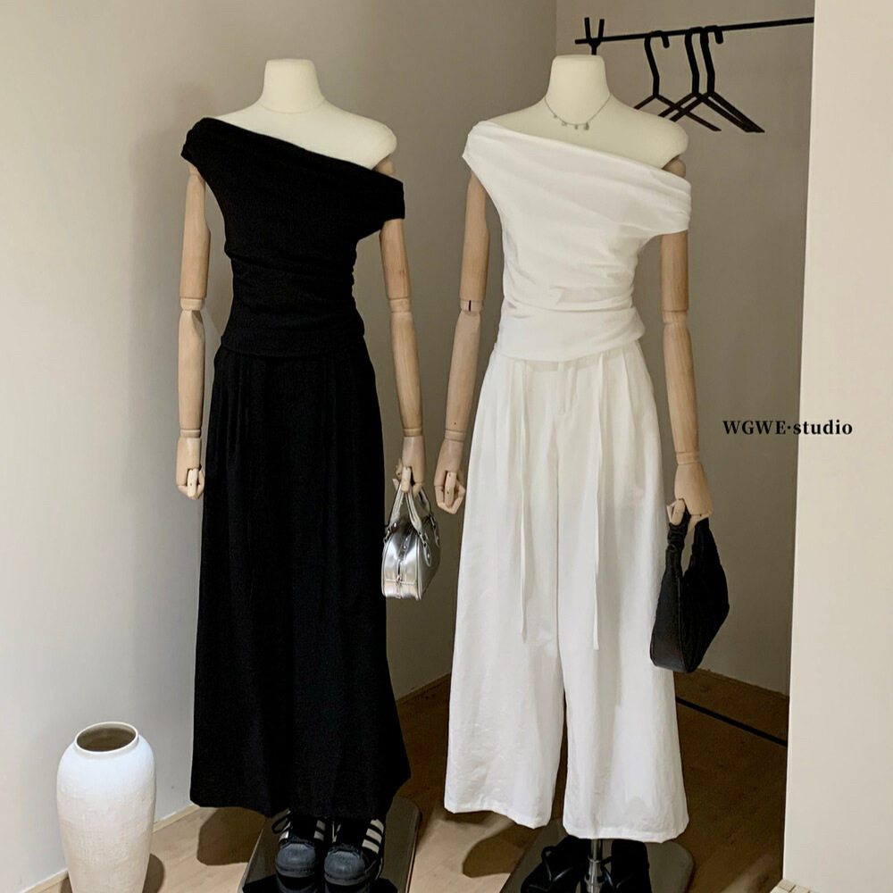 清仓不退换法式纯欲风斜肩短袖上衣+高腰显瘦阔腿裤两件套装W6101