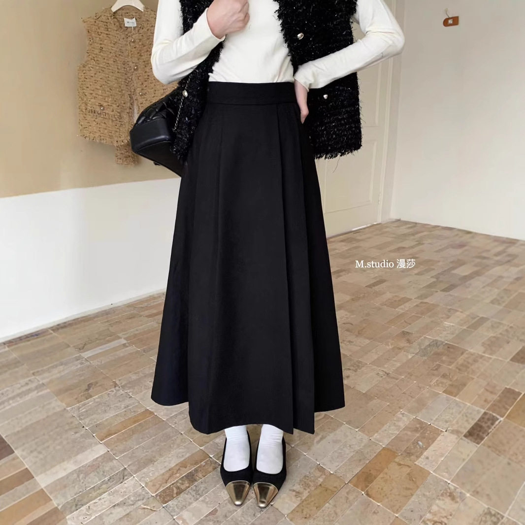 清仓不退换 高腰百搭显瘦压褶毛呢半身裙女秋冬a字百褶长裙Y9158