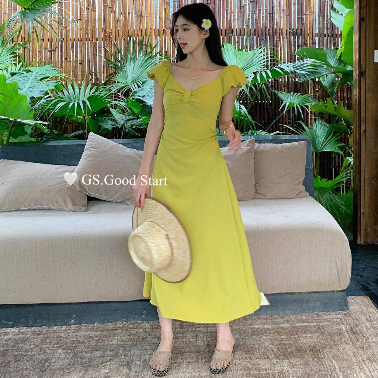 清仓不退换韩系气质甜美大方领泡泡袖收腰连衣裙仙女裙G1876E