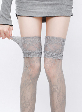 灰色蕾丝花边过膝袜夏季薄款弹力镂空网袜y2k辣妹透肤黑色长筒袜