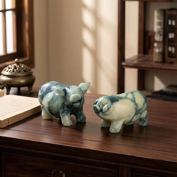 天然玉石灵芝玉小猪摆件一对招财猪手把件家居客厅书房卧室工艺品