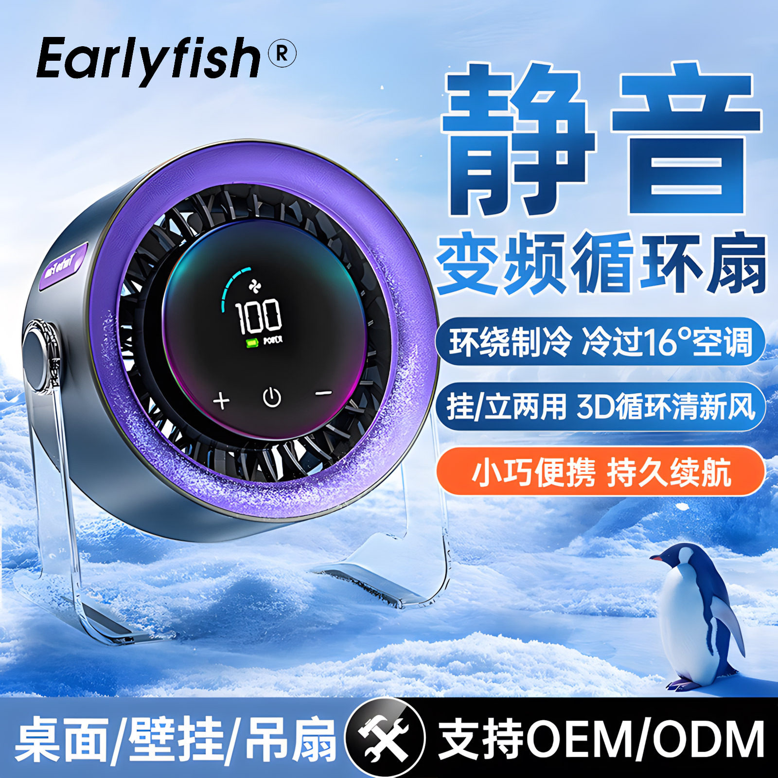 早鱼桌面风扇办公室小型静音家用USB充电长续航挂壁立式循环风扇图片