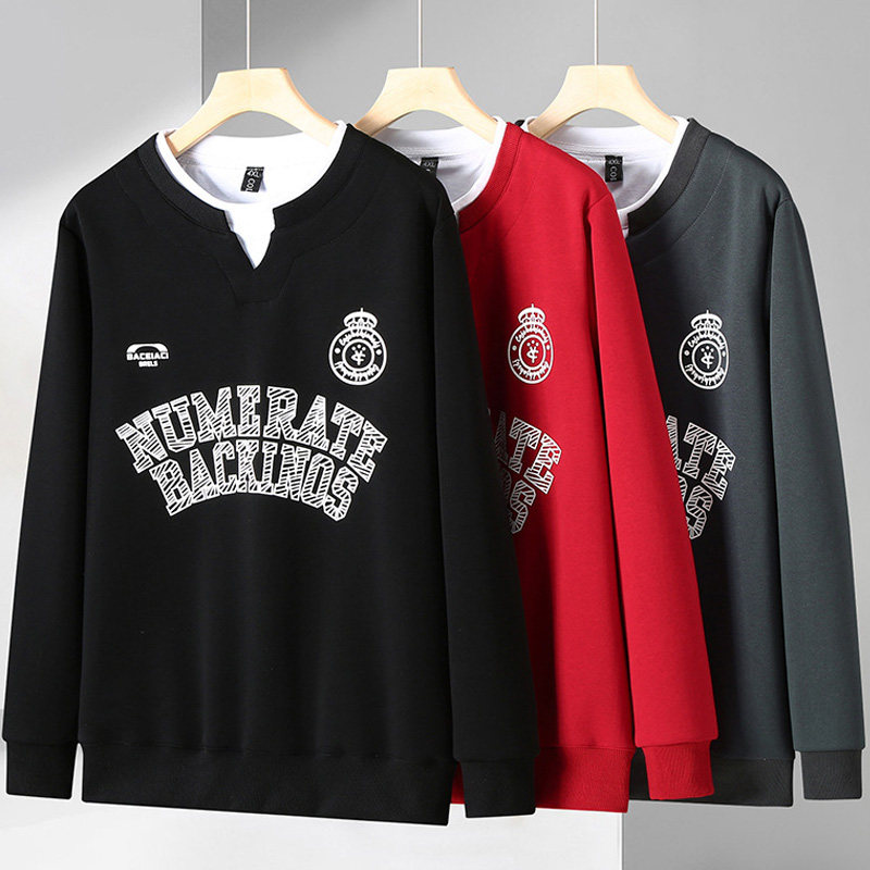 300斤大码男装春季2025新款假两件卫衣男加肥加大长袖T恤宽松百搭